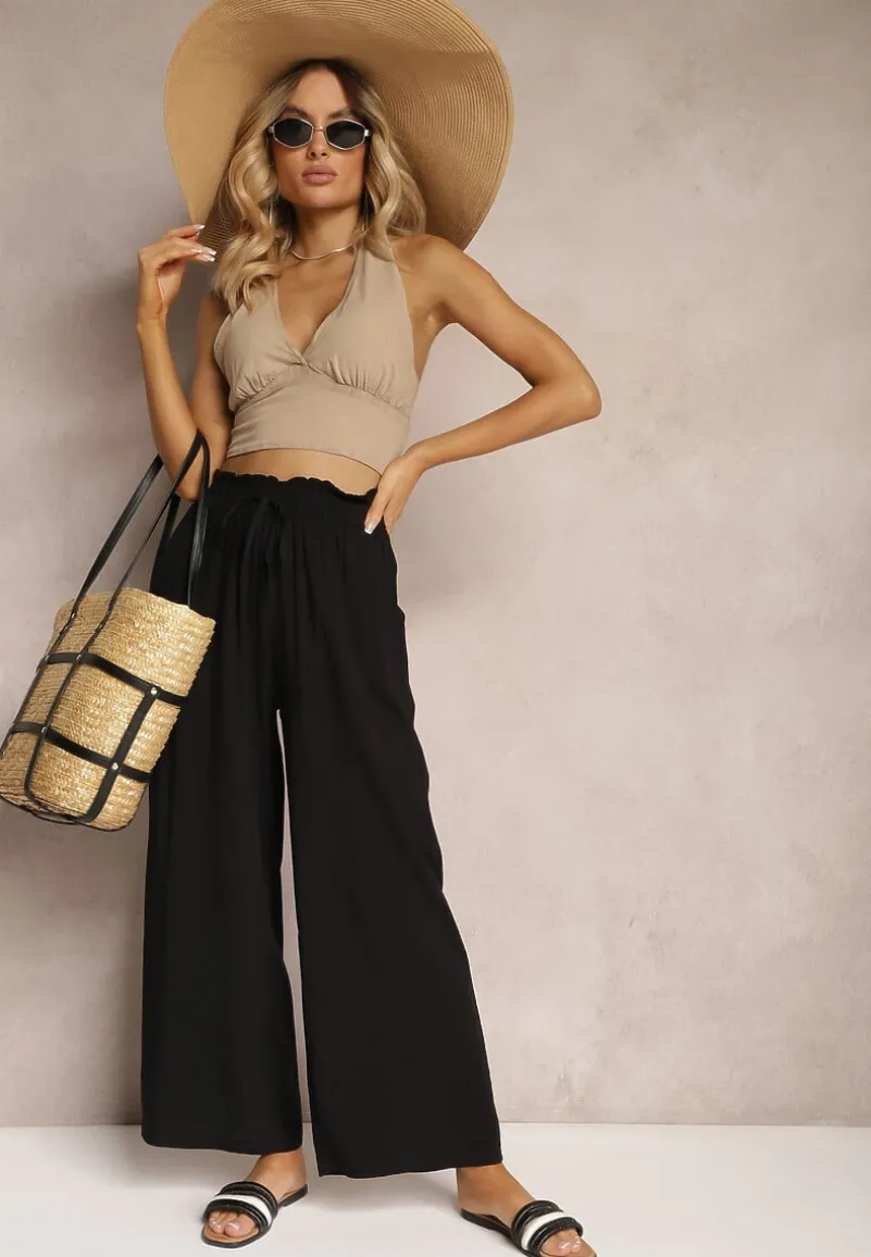 Czarne Spodnie Palazzo High Waist z Bawełny Wykończone Gumką w Talii Nellsea