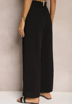 Czarne Spodnie Palazzo High Waist z Bawełny Wykończone Gumką w Talii Nellsea