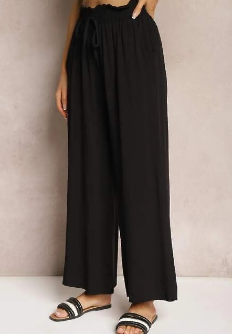 Czarne Spodnie Palazzo High Waist z Bawełny Wykończone Gumką w Talii Nellsea