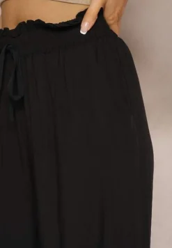 Czarne Spodnie Palazzo High Waist z Bawełny Wykończone Gumką w Talii Nellsea