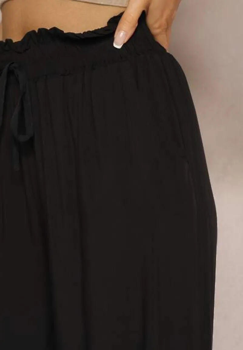 Czarne Spodnie Palazzo High Waist z Bawełny Wykończone Gumką w Talii Nellsea