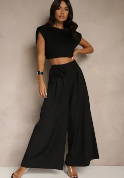 Czarne Spodnie Palazzo Ozdobione Broszką Kwiatem Lirace