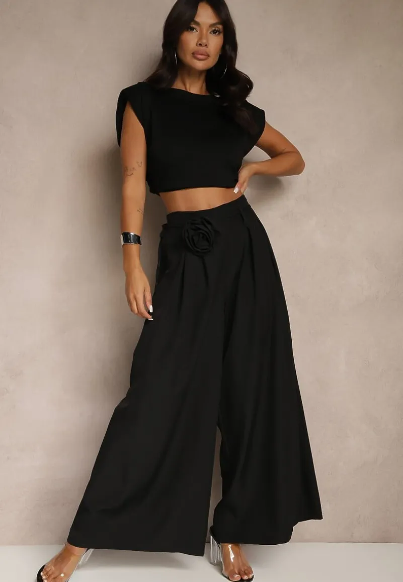 Czarne Spodnie Palazzo Ozdobione Broszką Kwiatem Lirace