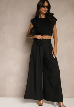 Czarne Spodnie Palazzo Ozdobione Broszką Kwiatem Lirace