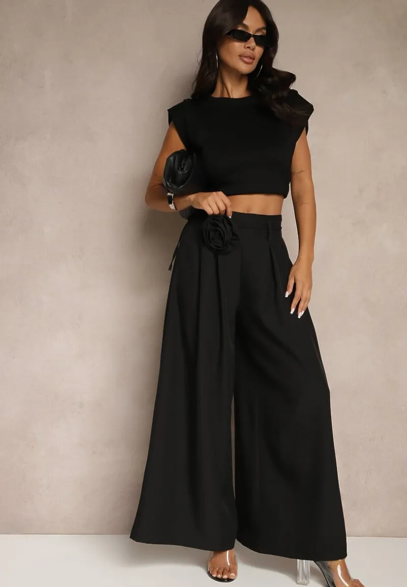 Czarne Spodnie Palazzo Ozdobione Broszką Kwiatem Lirace