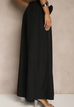 Czarne Spodnie Palazzo Ozdobione Broszką Kwiatem Lirace