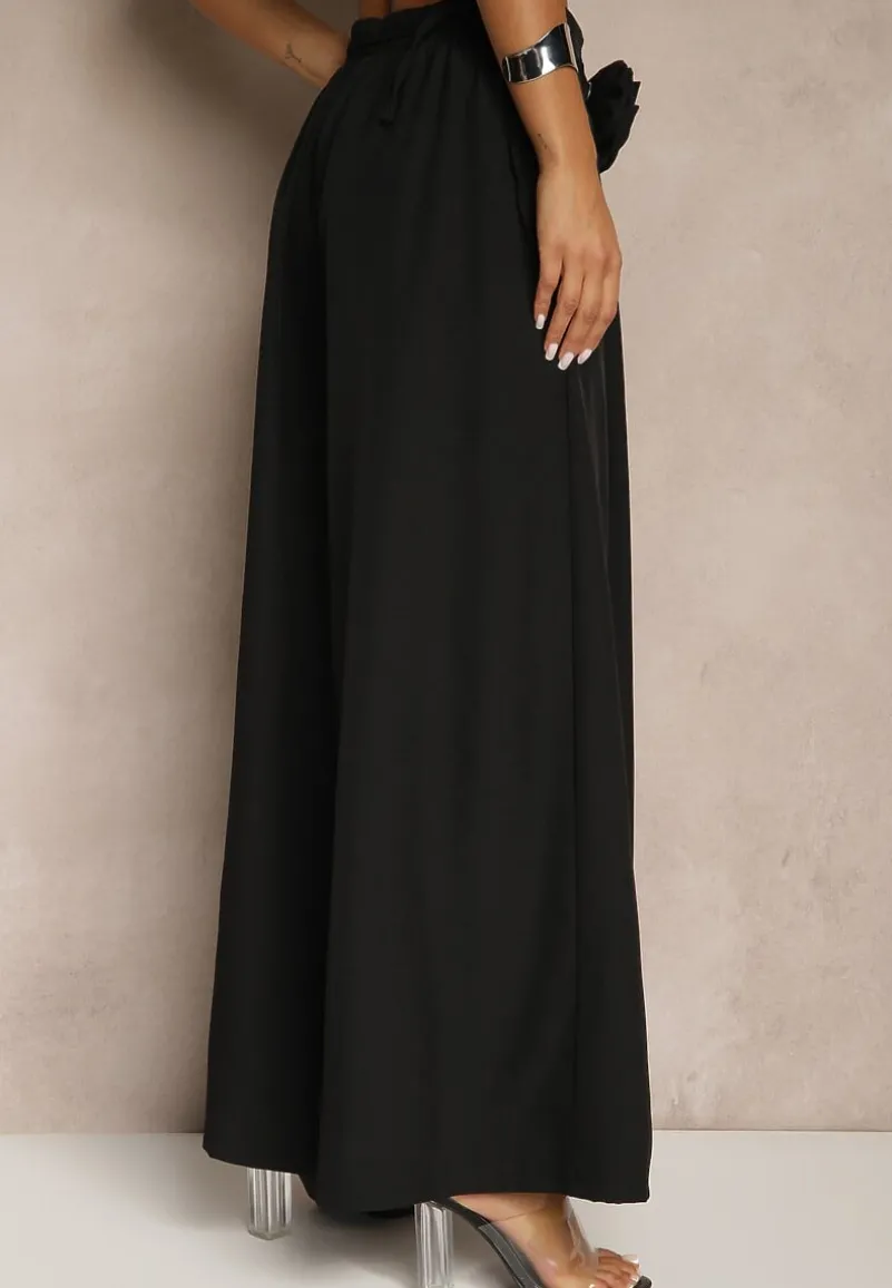 Czarne Spodnie Palazzo Ozdobione Broszką Kwiatem Lirace