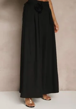 Czarne Spodnie Palazzo Ozdobione Broszką Kwiatem Lirace