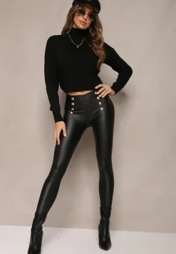 Czarne Spodnie Skinny z Biżuteryjnymi Guzikami i Gumką w Talii Mizzaka