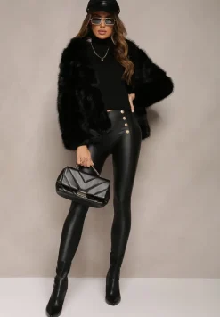 Czarne Spodnie Skinny z Biżuteryjnymi Guzikami i Gumką w Talii Mizzaka