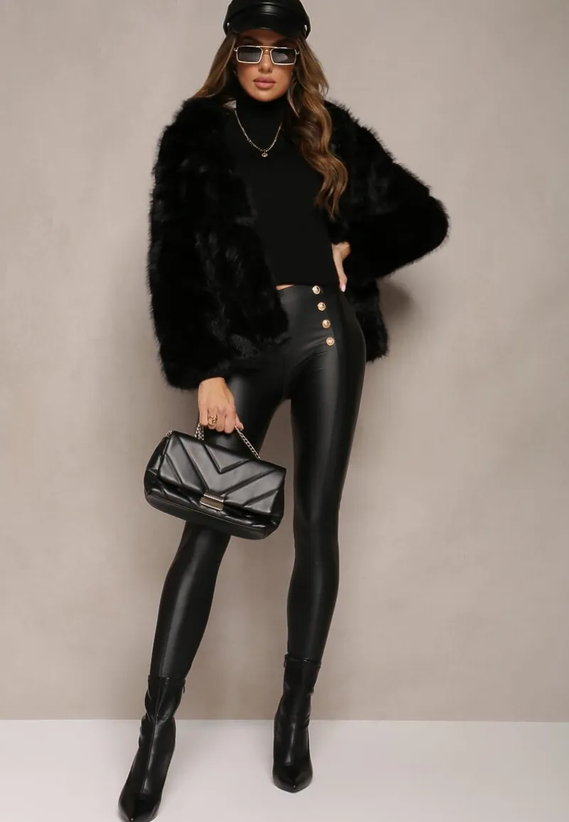 Czarne Spodnie Skinny z Biżuteryjnymi Guzikami i Gumką w Talii Mizzaka