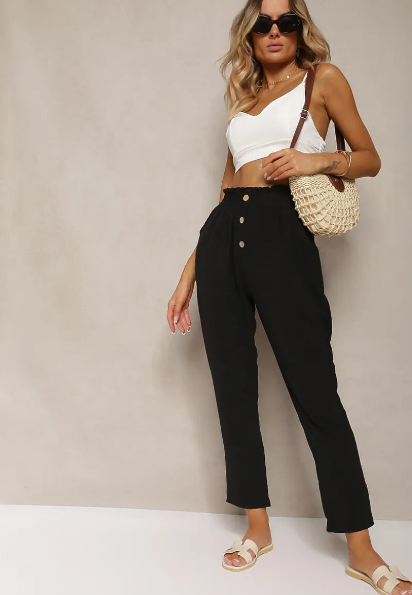 Czarne Spodnie Typu Paper Bag High Waist z Gumką w Talii Salvavia