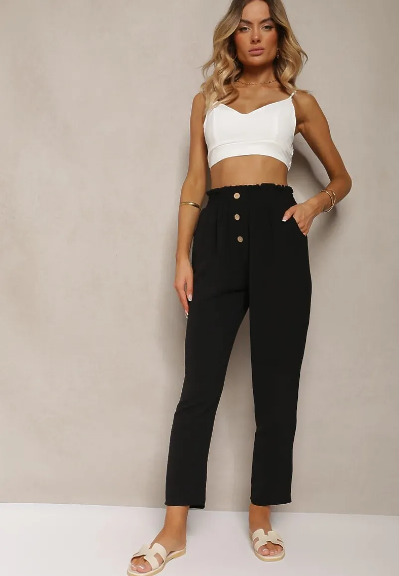 Czarne Spodnie Typu Paper Bag High Waist z Gumką w Talii Salvavia