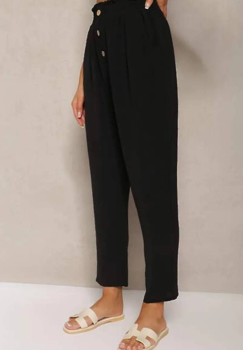 Czarne Spodnie Typu Paper Bag High Waist z Gumką w Talii Salvavia