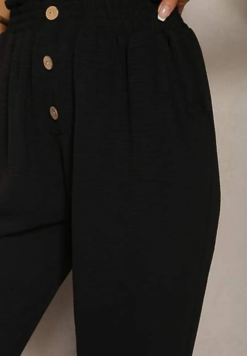 Czarne Spodnie Typu Paper Bag High Waist z Gumką w Talii Salvavia