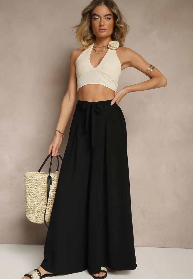 Czarne Spodnie z Bawełną o Szerokim Kroju High Waist z Paskiem Iveleldi