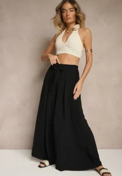 Czarne Spodnie z Bawełną o Szerokim Kroju High Waist z Paskiem Iveleldi