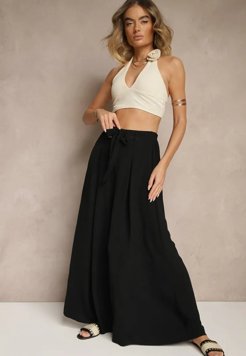 Czarne Spodnie z Bawełną o Szerokim Kroju High Waist z Paskiem Iveleldi