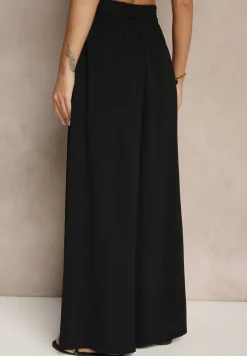 Czarne Spodnie z Bawełną o Szerokim Kroju High Waist z Paskiem Iveleldi