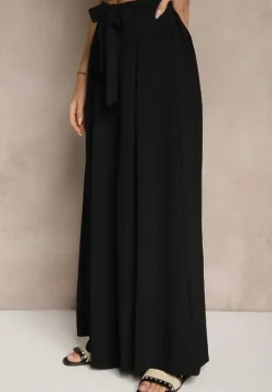 Czarne Spodnie z Bawełną o Szerokim Kroju High Waist z Paskiem Iveleldi