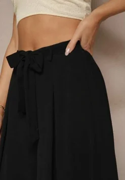 Czarne Spodnie z Bawełną o Szerokim Kroju High Waist z Paskiem Iveleldi