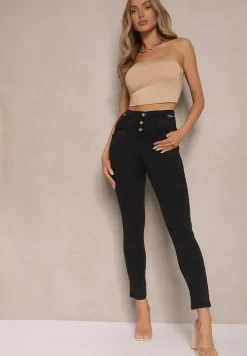 Czarne Spodnie z Bawełną Typu Skinny High Waist Ozdobione Cyrkoniami Sovzeki