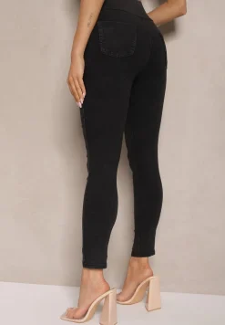 Czarne Spodnie z Bawełną Typu Skinny High Waist Ozdobione Cyrkoniami Sovzeki