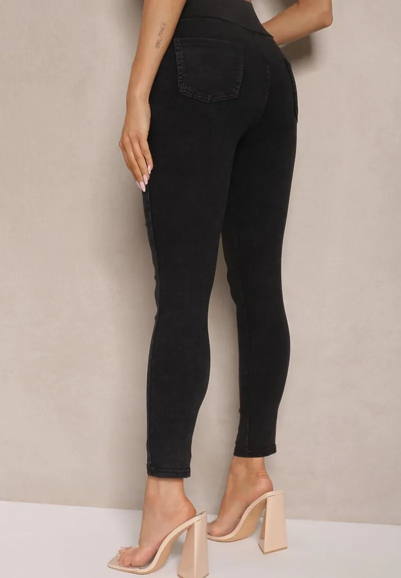 Czarne Spodnie z Bawełną Typu Skinny High Waist Ozdobione Cyrkoniami Sovzeki