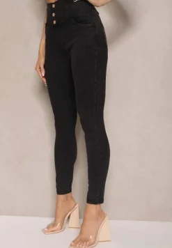 Czarne Spodnie z Bawełną Typu Skinny High Waist Ozdobione Cyrkoniami Sovzeki