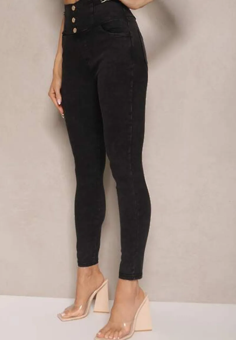 Czarne Spodnie z Bawełną Typu Skinny High Waist Ozdobione Cyrkoniami Sovzeki