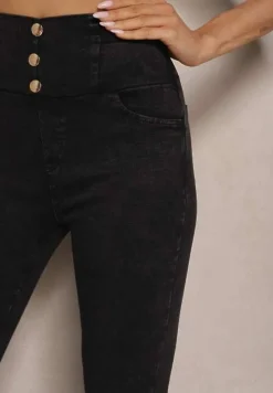 Czarne Spodnie z Bawełną Typu Skinny High Waist Ozdobione Cyrkoniami Sovzeki