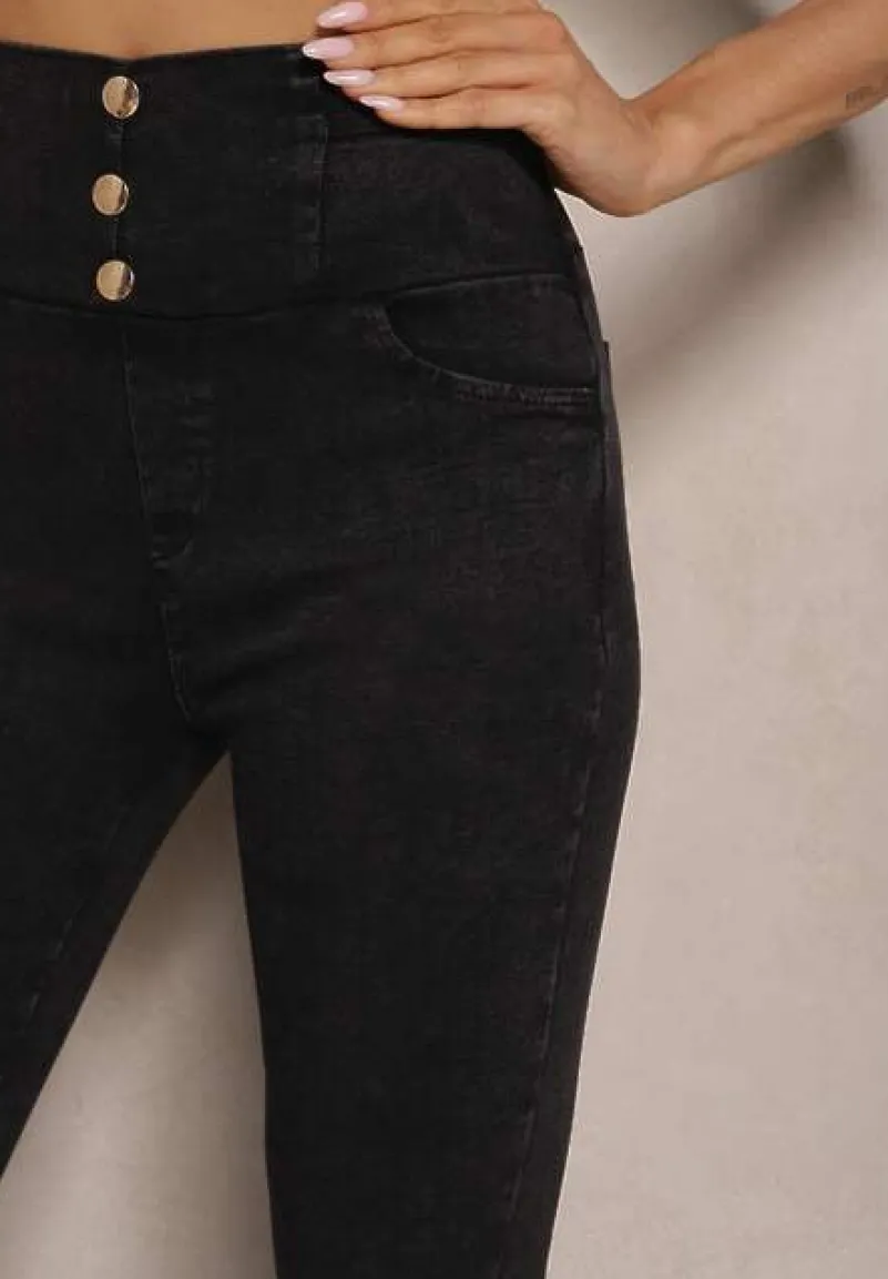 Czarne Spodnie z Bawełną Typu Skinny High Waist Ozdobione Cyrkoniami Sovzeki