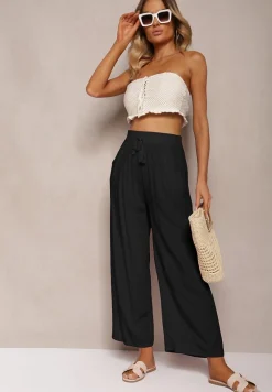 Czarne Spodnie z Bawełny o Kroju Alladynek High Waist Wykończone Gumką w Talii Rissalis