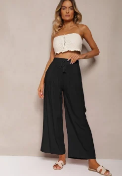Czarne Spodnie z Bawełny o Kroju Alladynek High Waist Wykończone Gumką w Talii Rissalis