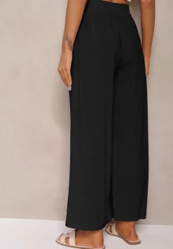 Czarne Spodnie z Bawełny o Kroju Alladynek High Waist Wykończone Gumką w Talii Rissalis