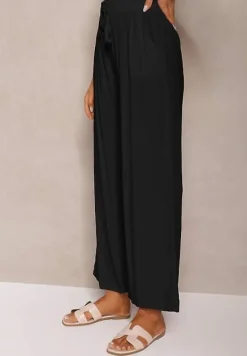 Czarne Spodnie z Bawełny o Kroju Alladynek High Waist Wykończone Gumką w Talii Rissalis