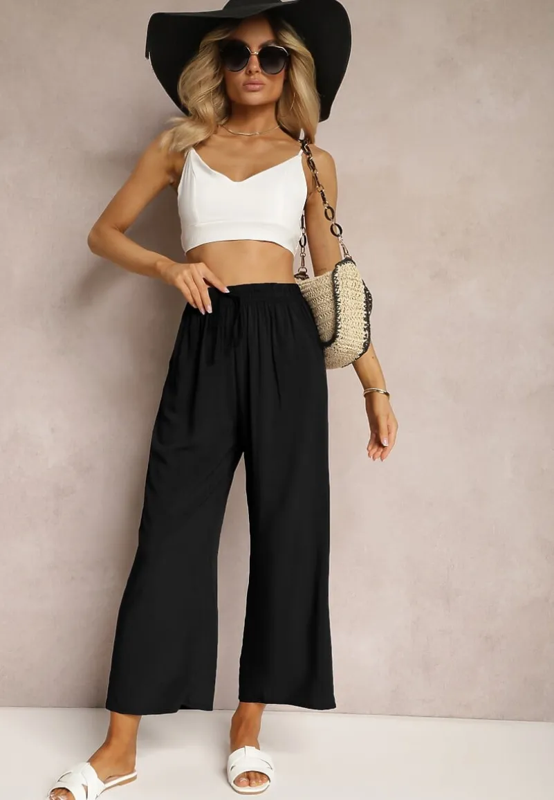 Czarne Spodnie z Bawełny Typu Palazzo z Gumką w Talii Fieana