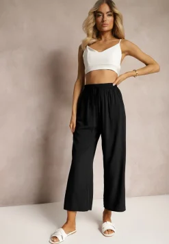 Czarne Spodnie z Bawełny Typu Palazzo z Gumką w Talii Fieana
