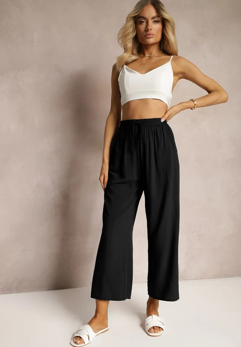 Czarne Spodnie z Bawełny Typu Palazzo z Gumką w Talii Fieana