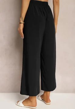 Czarne Spodnie z Bawełny Typu Palazzo z Gumką w Talii Fieana