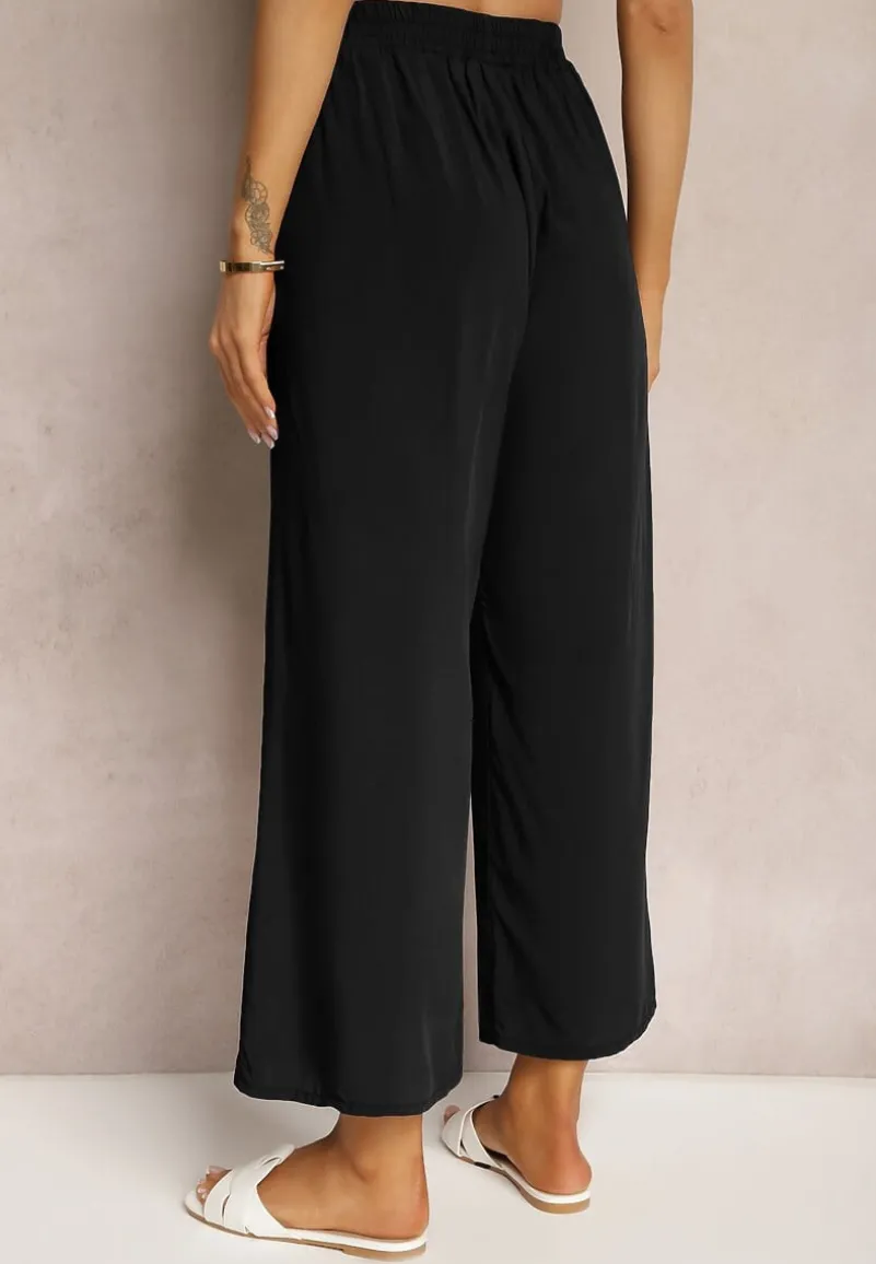 Czarne Spodnie z Bawełny Typu Palazzo z Gumką w Talii Fieana