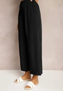 Czarne Spodnie z Bawełny Typu Palazzo z Gumką w Talii Fieana