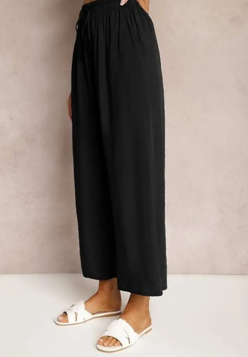 Czarne Spodnie z Bawełny Typu Palazzo z Gumką w Talii Fieana