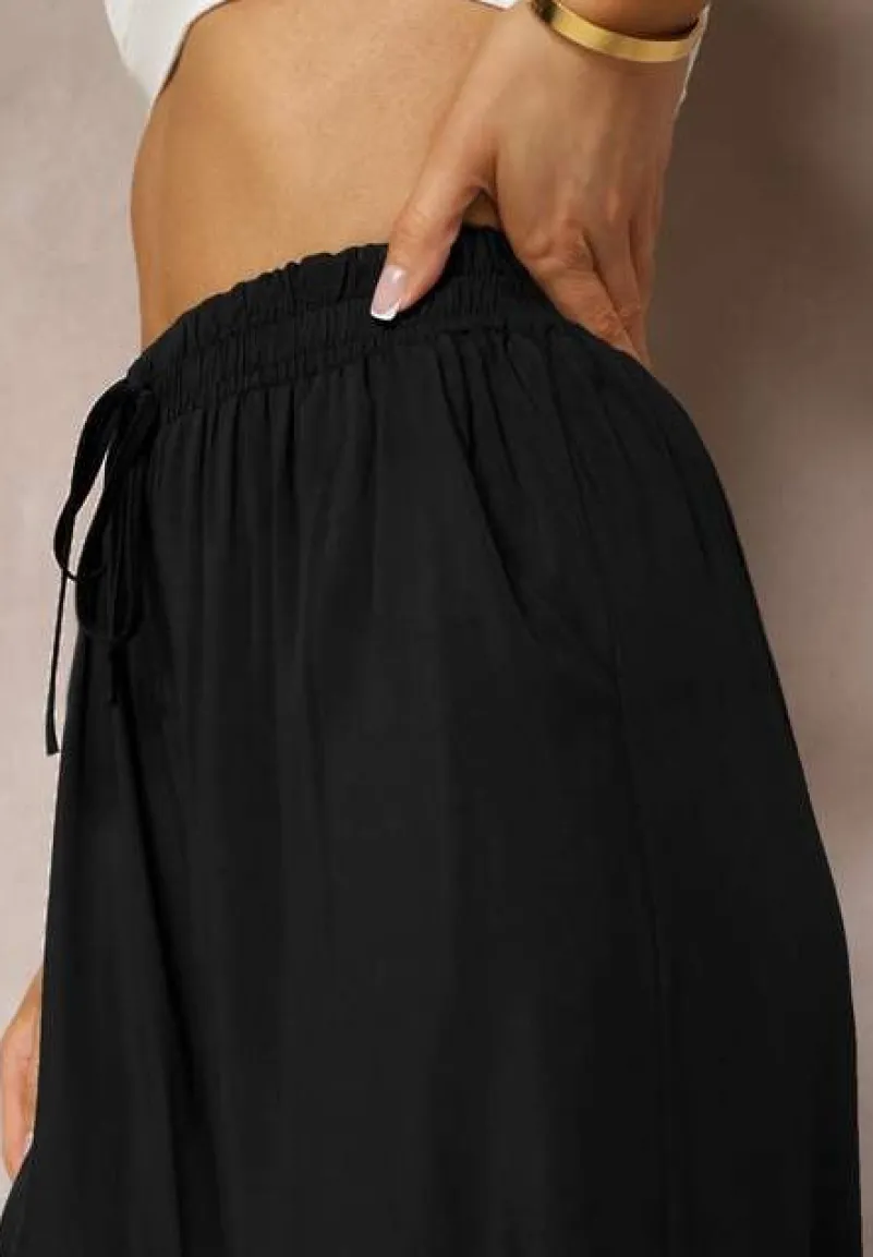 Czarne Spodnie z Bawełny Typu Palazzo z Gumką w Talii Fieana