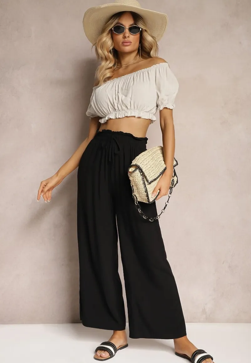 Czarne Spodnie z Bawełny Typu Palazzo High Waist z Gumką w Talii Nelsaria