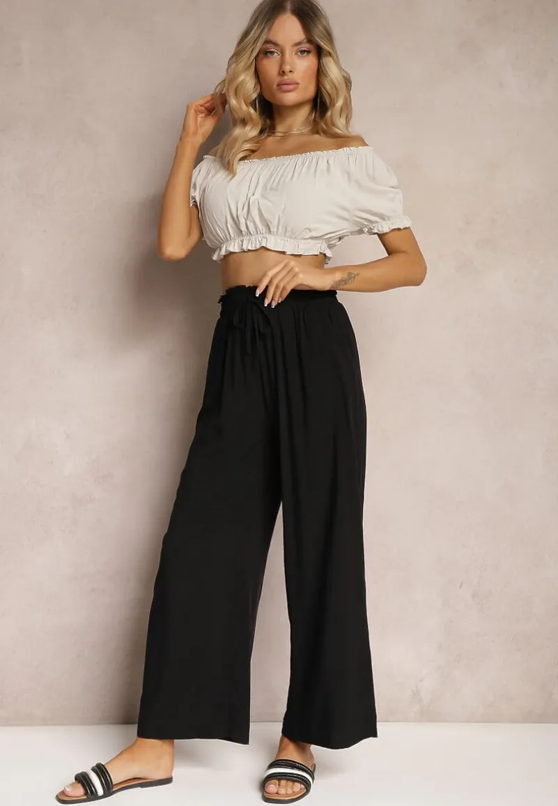 Czarne Spodnie z Bawełny Typu Palazzo High Waist z Gumką w Talii Nelsaria