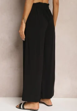 Czarne Spodnie z Bawełny Typu Palazzo High Waist z Gumką w Talii Nelsaria