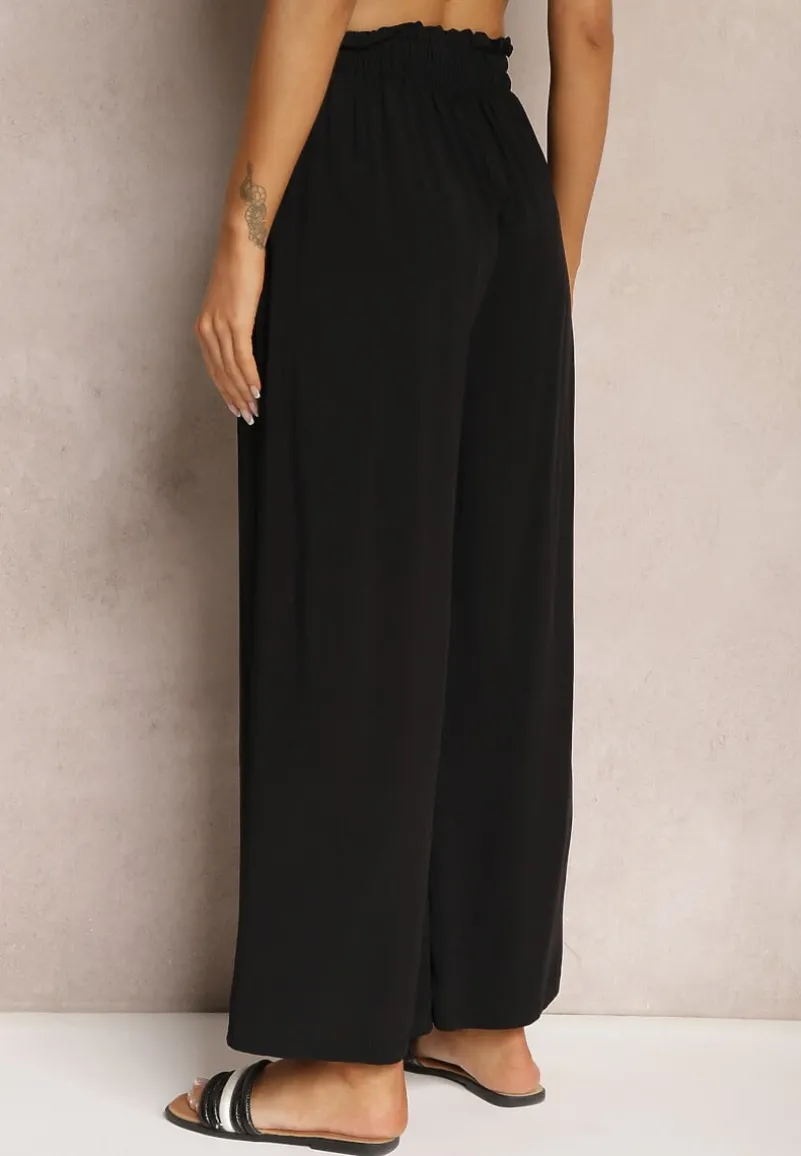 Czarne Spodnie z Bawełny Typu Palazzo High Waist z Gumką w Talii Nelsaria