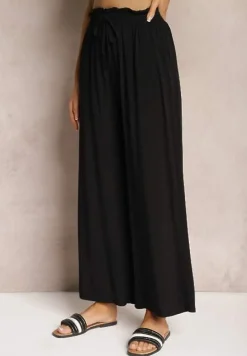 Czarne Spodnie z Bawełny Typu Palazzo High Waist z Gumką w Talii Nelsaria
