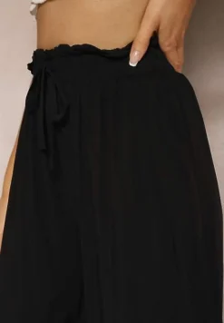 Czarne Spodnie z Bawełny Typu Palazzo High Waist z Gumką w Talii Nelsaria
